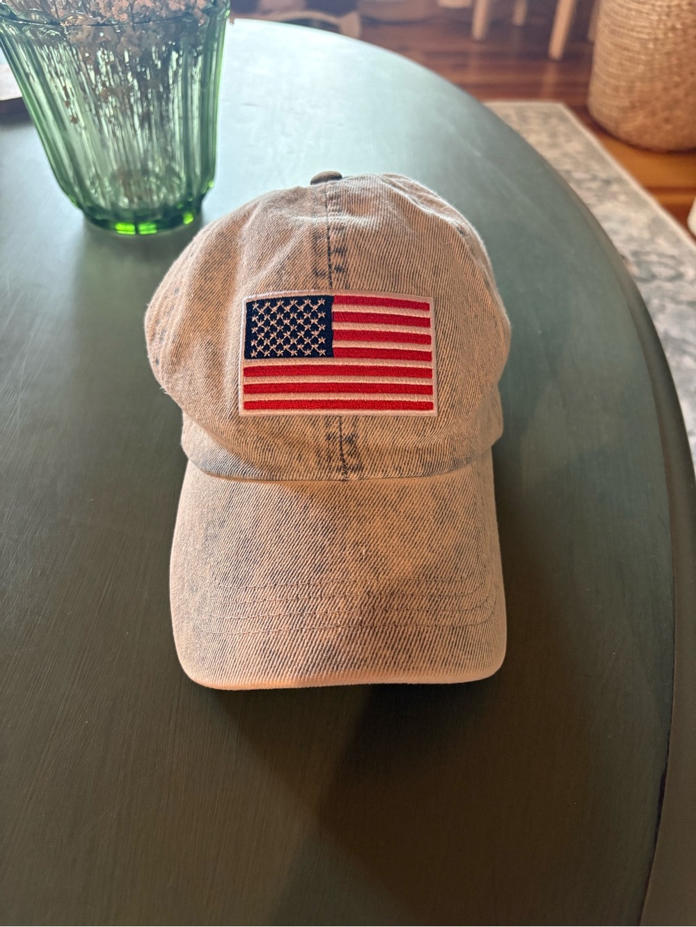 Classic Light Blue Denim Baseball Cap with American Flag Patch
